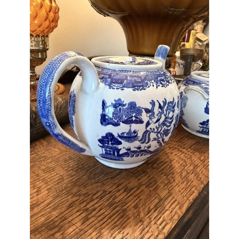 Vintage Old Hall Blue Willow Teapot & Sugar Bowl Set Staffordshire England